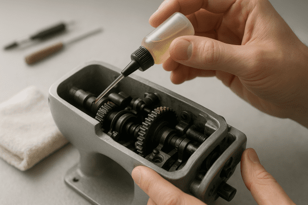 Close-up of hands oiling a sewing machine\u2019s gears, with cleaning cloth and maintenance tools in a tidy, softly blurred background.