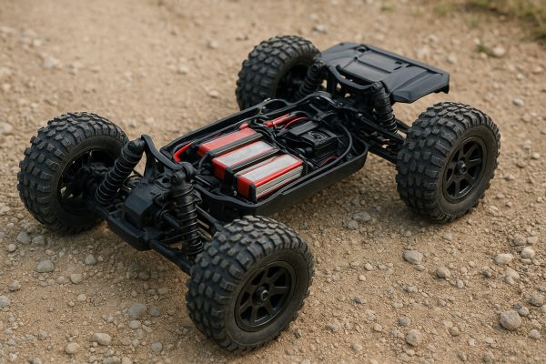 Budget off-road RC car with exposed battery and drivetrain on gravel path.