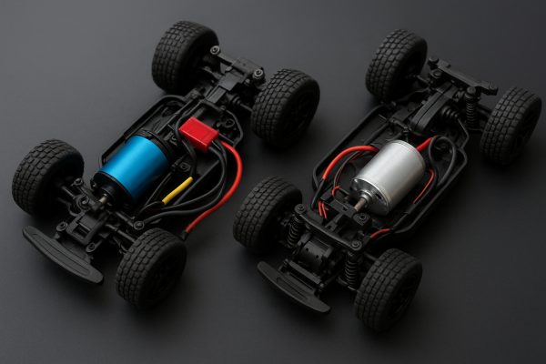 Two RC cars on a black tabletop with their brushed and brushless motors exposed.