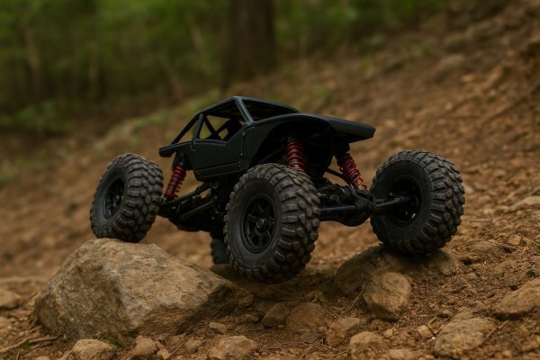 RC rock crawler flexing its suspension on a rocky trail.