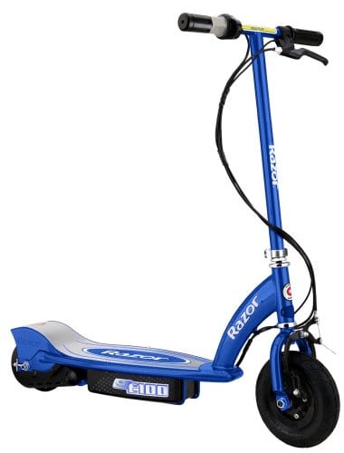 A blue scooter that can be given as a present to a kid aged eleven. 