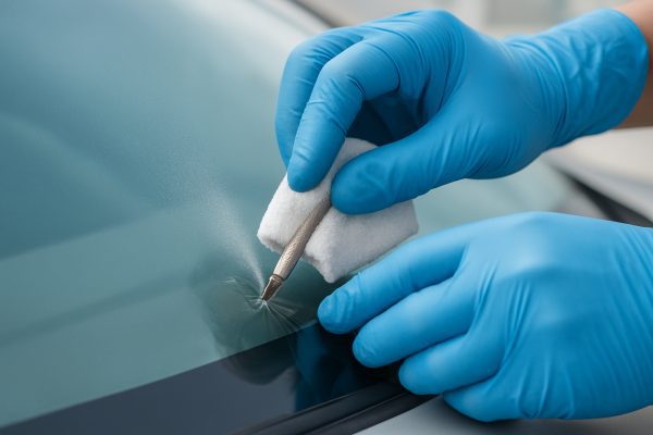 Technician in blue gloves cleaning a windshield chip with microfiber cloth and razor tool.