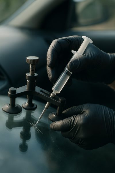 Technician using a repair bridge and plunger to inject resin into windshield chip.