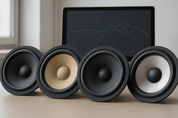 Macro view of four 10 inch guitar speaker cones (paper, hemp, composite, aluminum), with frequency response graphs on a digital tablet.