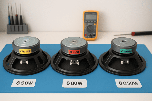 Three 10 inch guitar speakers with ceramic, alnico, and neodymium magnets, labeled for impedance and wattage on an electronics bench.