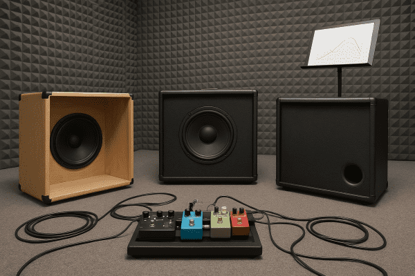 Three amplifier cabinets (open-back, closed-back, ported) with 10 inch speakers, pedalboard, and tonal chart in rehearsal room.