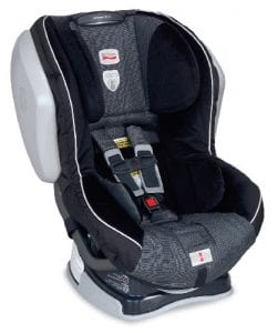 A black variant model of britax baby car seat. It has harness and comfortable headrest.