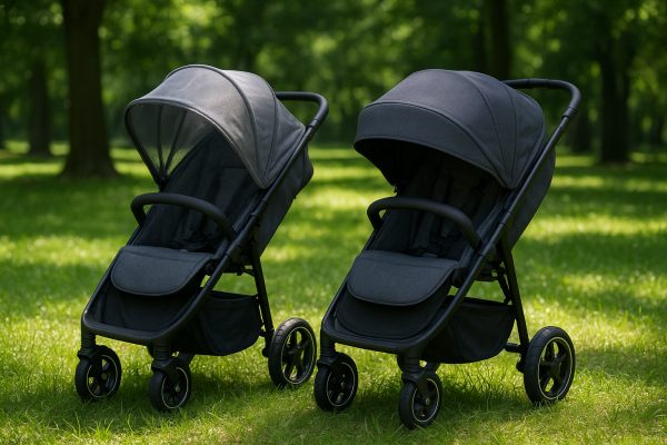 Two strollers side by side on grass, one with a mesh canopy and one with a UV-protective canopy, both showing suspension details.