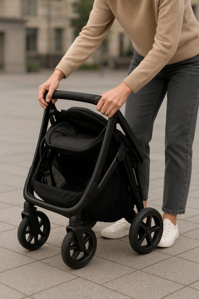 Parent demonstrates the folding of a modern stroller on a city plaza, with storage basket and car seat clips visible.
