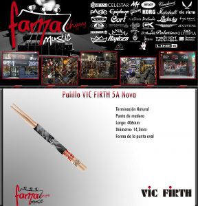 An advertisement showcasing Vic Firth 5A Nova sticks, considered some of the best drumsticks for beginners, with product specifications in Spanish, set against a background collage of music brand logos and instrument images.