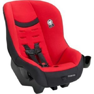Cosco 65: A vibrant red Cosco car seat with black accents, featuring an adjustable five-point harness and side cup holder.