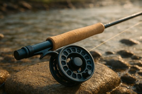 Graphite fly rod and reel combo resting diagonally on dew-kissed river stones.