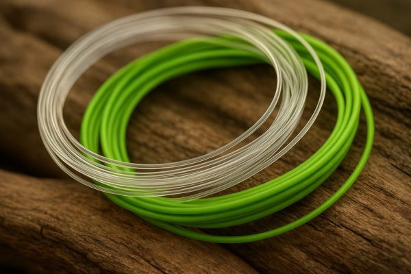 Macro of fly line and leader material coiled on driftwood, showing fine texture.