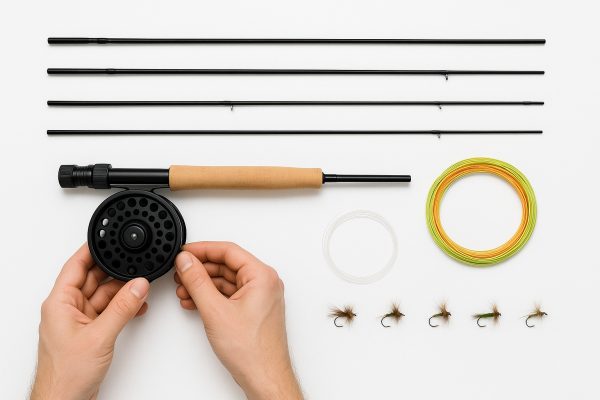 Fly rod, reel, line, and flies arranged on white, hands assembling reel.