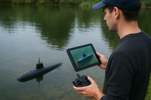 A person operating an RC submarine, holding a remote and watching a real-time video feed on a handheld screen by a tranquil pond.