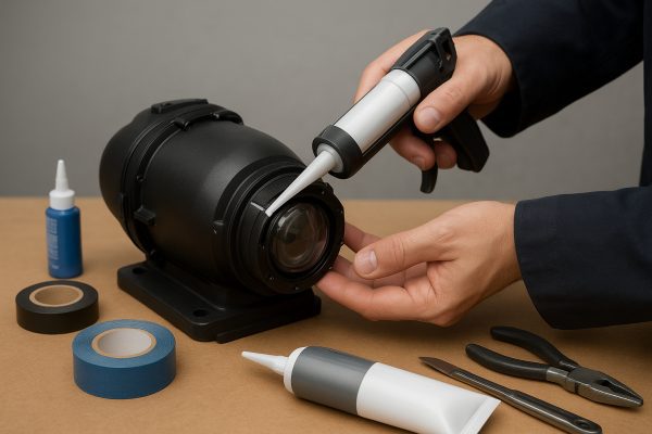 A technician waterproofing an RC submarine camera housing with silicone sealant and tape, tools and materials methodically arranged.