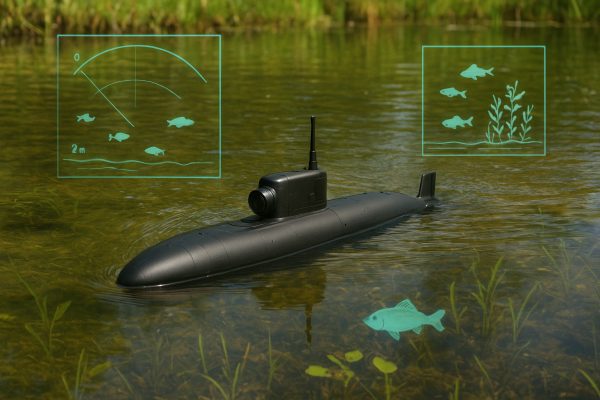 RC submarine with camera and sonar gliding through a pond, FPV overlay showing sonar and aquatic life.
