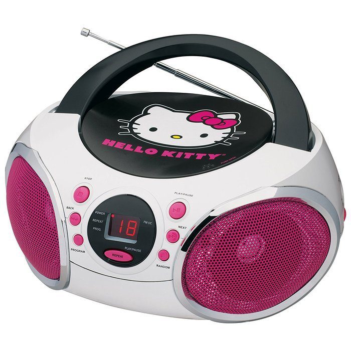 CD player with design: A Hello Kitty CD boombox with an AM/FM radio, LED light show. With pink and white color, with Hello Kitty's face on the front of the boombox. It has a top-loading CD player and a cassette player. Both the tape deck and the CD player have their own controls, including eject and play/pause buttons. The radio has an analog tuner with an AM/FM frequency scale. There are also buttons for selecting the radio band, as well as for preset stations. The boombox has two speakers, one on each side. 