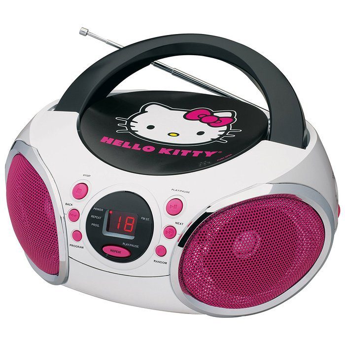 CD player with design: A Hello Kitty CD boombox with an AM/FM radio, LED light show. With pink and white color, with Hello Kitty's face on the front of the boombox. It has a top-loading CD player and a cassette player. Both the tape deck and the CD player have their own controls, including eject and play/pause buttons. The radio has an analog tuner with an AM/FM frequency scale. There are also buttons for selecting the radio band, as well as for preset stations. The boombox has two speakers, one on each side.