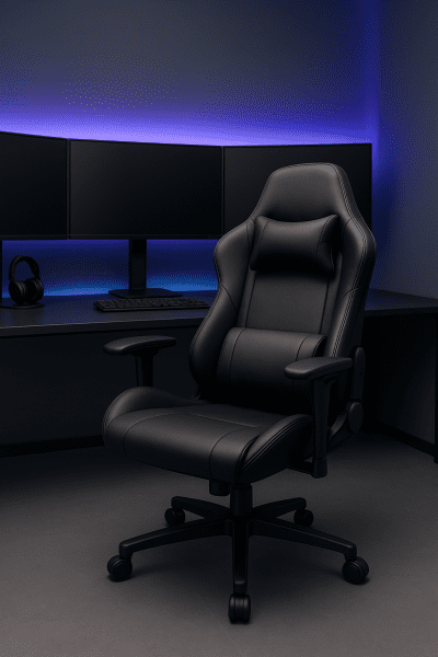 A luxury gaming chair with an aligned lumbar pillow and ergonomic setup in a modern, ambient-lit gaming room with triple monitors.