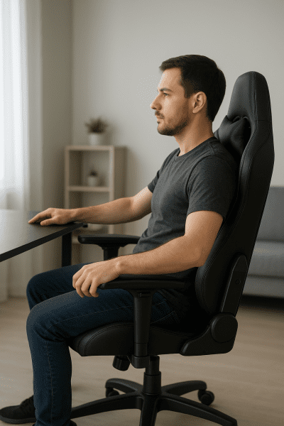 A user in a gaming chair adjusting armrests and reclining the backrest in a brightly lit, modern room.