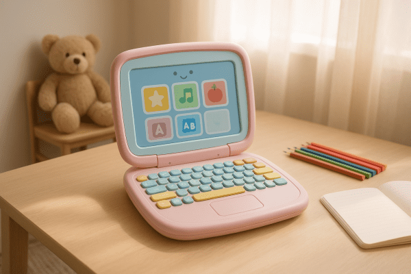 A pastel-colored, child-safe laptop with large keys sits open on a tidy desk, surrounded by crayons, a notebook, and a plush toy under soft sunlight.