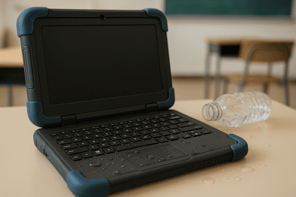 Close-up of a rugged kids laptop with rubberized edges and spill-resistant keyboard, water droplets visible, on a clean classroom desk.