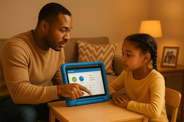 Parent and child at a small desk in a warmly lit family room, configuring parental controls on a kids laptop.