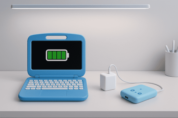 Childrens laptop with a full battery icon, compact charger, and power bank on a minimalist desk under cool LED lighting.