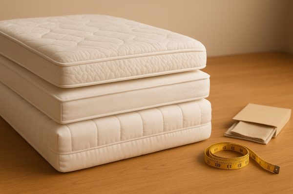Studio tabletop shows mattress topper, protector, and pad with a tape measure for mattress fit and sizing.