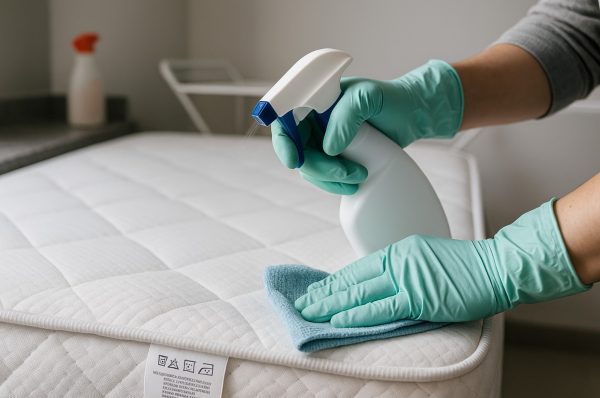 Laundry-room close-up of mattress stain removal with cleaning spray, microfiber cloth, and care label for mattress upkeep.