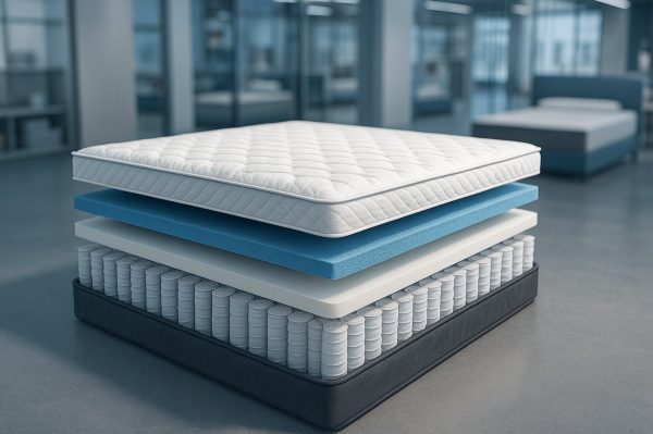 Exploded view of a mattress with pocket coils, cooling gel foam, and a high-density base for mattress support.