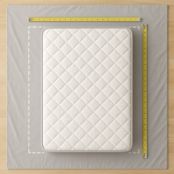 Choosing the right matress size shown with measuring tape, bed frame compatibility, and standard twin-to-king dimensions.