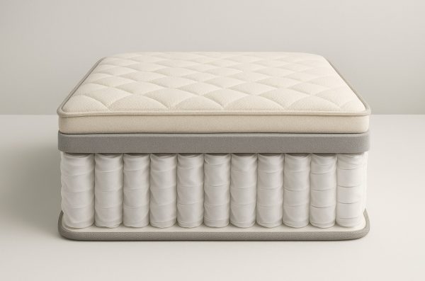 Layered hybrid matress construction showing pocketed coils, memory foam, and perimeter edge support materials.
