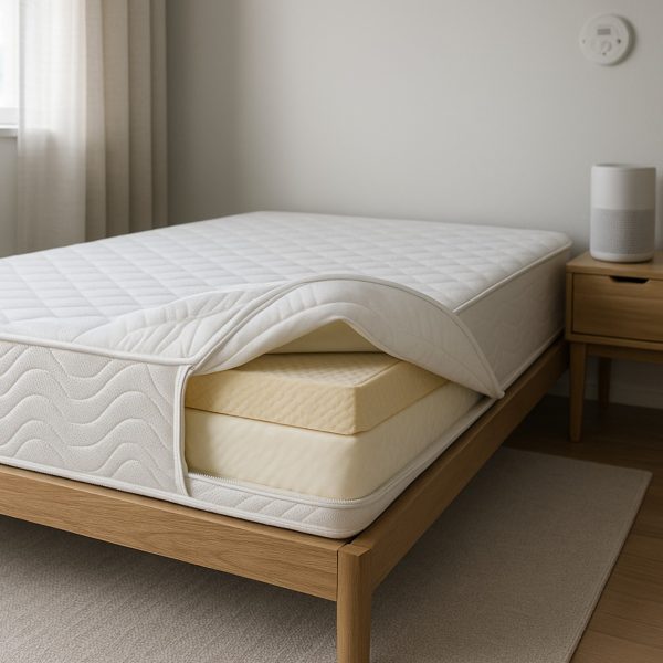 Safety-focused mattress with flame barrier, low-VOC foam, and hypoallergenic encasement centered in a calm bedroom.