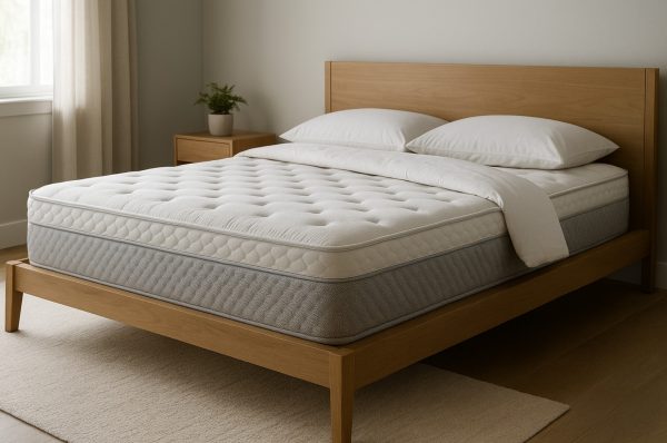 A comfortable hybrid matress with innerspring support, memory foam, and breathable airflow panels centered in a calm bedroom.