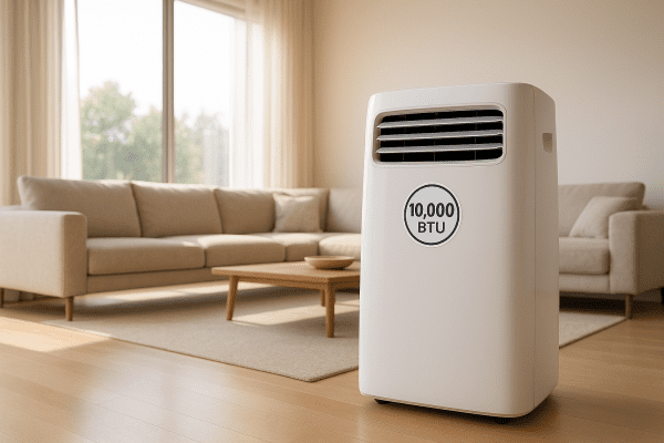 Sleek portable air conditioner in a bright, spacious living room, BTU rating sticker visible, surrounded by minimalist decor and large windows.