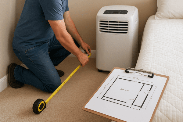 Homeowner measuring bedroom wall, portable air conditioner and dimension chart on bed.