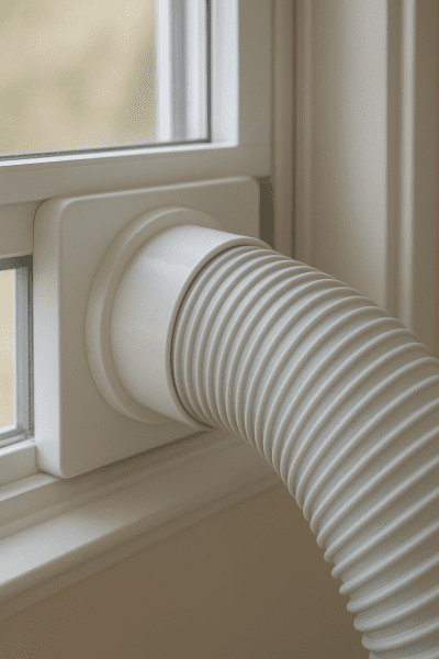 Close-up of portable AC hose tightly installed in window vent kit, weatherstripping visible.