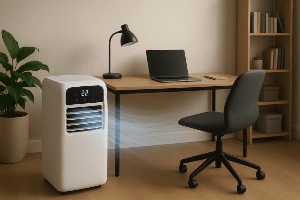 Portable air conditioner in a stylish home office, digital display with fan speeds, airflow lines toward desk.