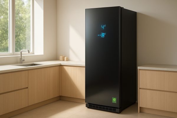 High-tech refrigerator with digital controls and eco-label in a sunlit, minimalist kitchen.