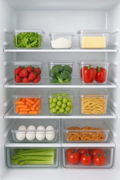 Spotless refrigerator interior with food stored in clear containers, grouped by type.