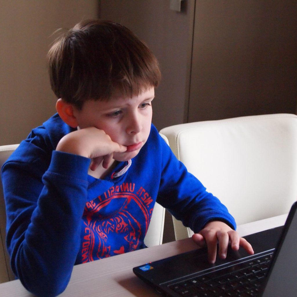 A kid with brown hair with a blue sweater using a one of the best laptop