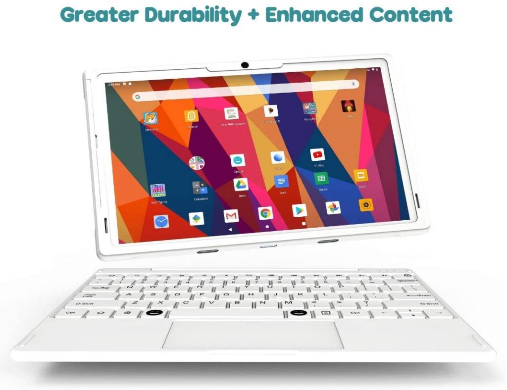 A white PC showing different apps and its best feature- Greater durability and enhanced content