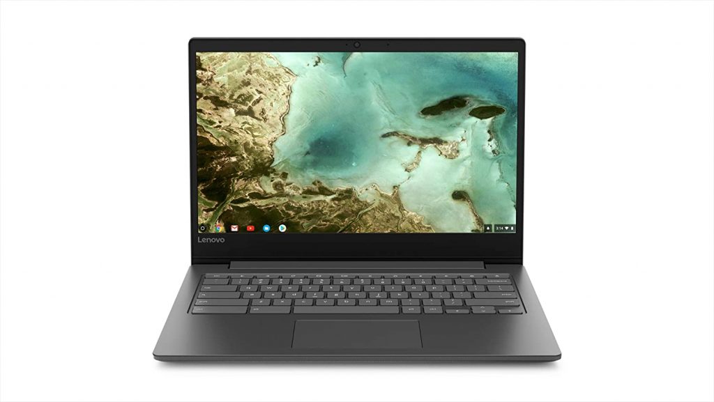  Lenovo Chromebook S330, 14-Inch FHD Display with dark grey casing with an exquisite wallpaper.