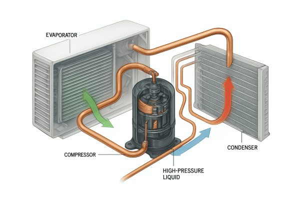 Exploded-view diagram of a high-efficiency air conditioner compressor, with labeled copper tubing, internal components, and color-coded refrigerant flow.