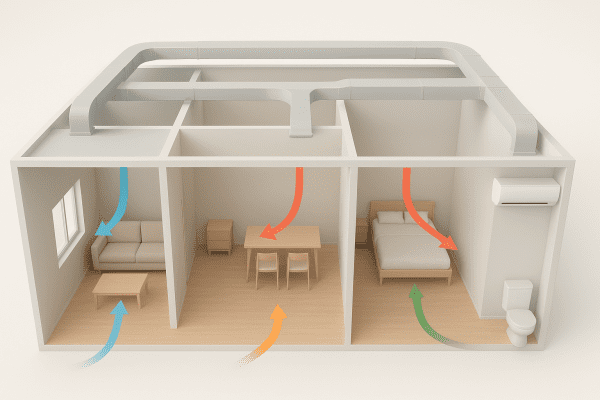 3D cross-section of a house showing visible air ducts, vent placement, and colored arrows for airflow and zoning.