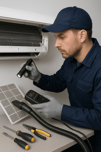Technician in uniform cleaning air conditioner filter with vacuum and inspecting coils with flashlight and meter in an organized workspace.