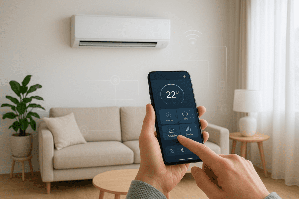 Modern living room with wall AC, user controlling settings via smartphone app, digital display, and smart home overlays.