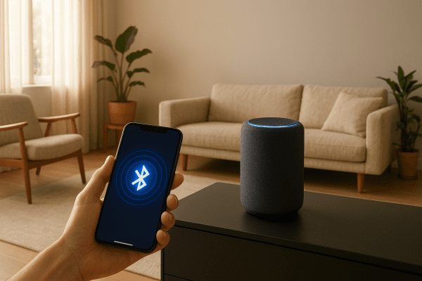 Designer bluetooth speaker on matte black console in a bright, stylish living room, with a hand holding a phone showing a bluetooth connection animation.